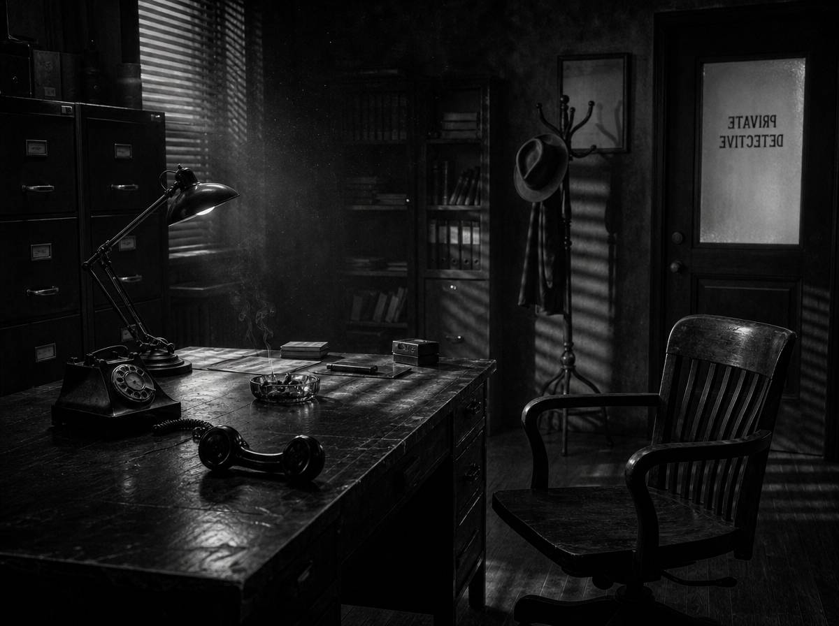 Puste biuro detektywa nocą z pasami światła z żaluzji, sceneria kina noir