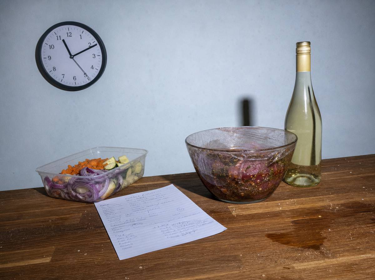 Kuchenny blat z listą dań, marynującym się mięsem i pokrojonymi warzywami przed kolacją