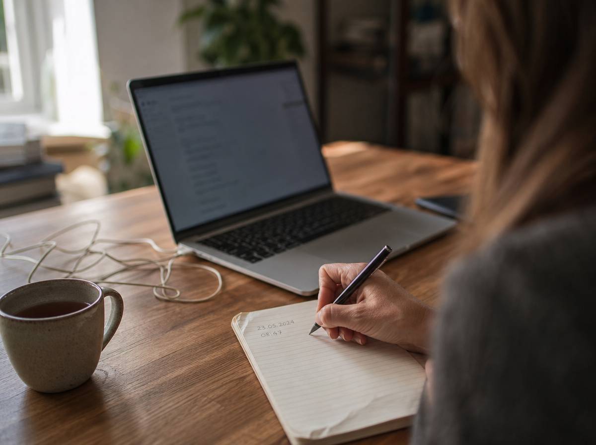 Dłonie zapisujące chronologię zdarzeń z datą i godziną w notesie, obok laptop z nieczytelnym ekranem