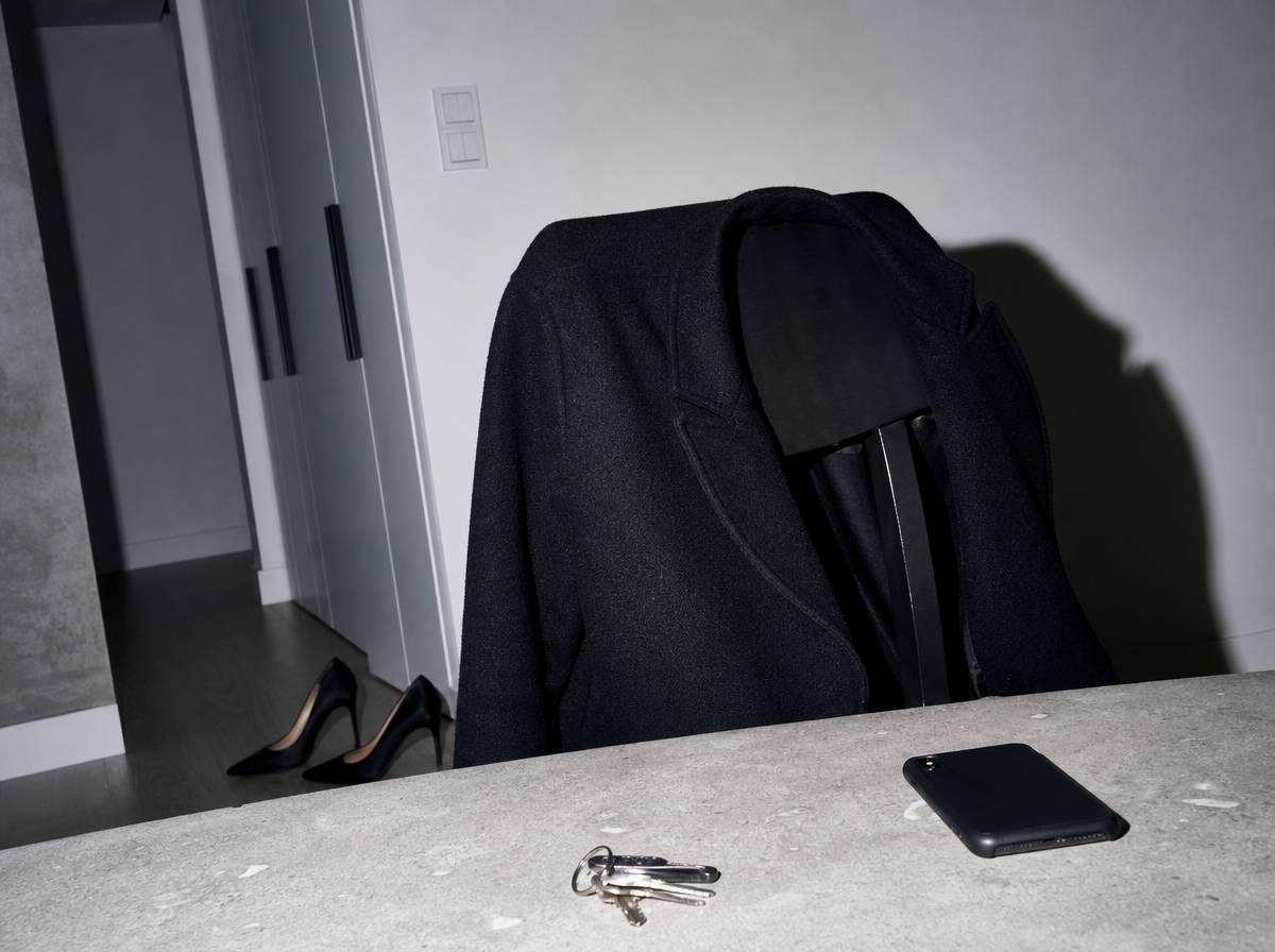 Czarny płaszcz na krześle, szpilki i klucze w nowoczesnym wnętrzu, współczesna femme fatale