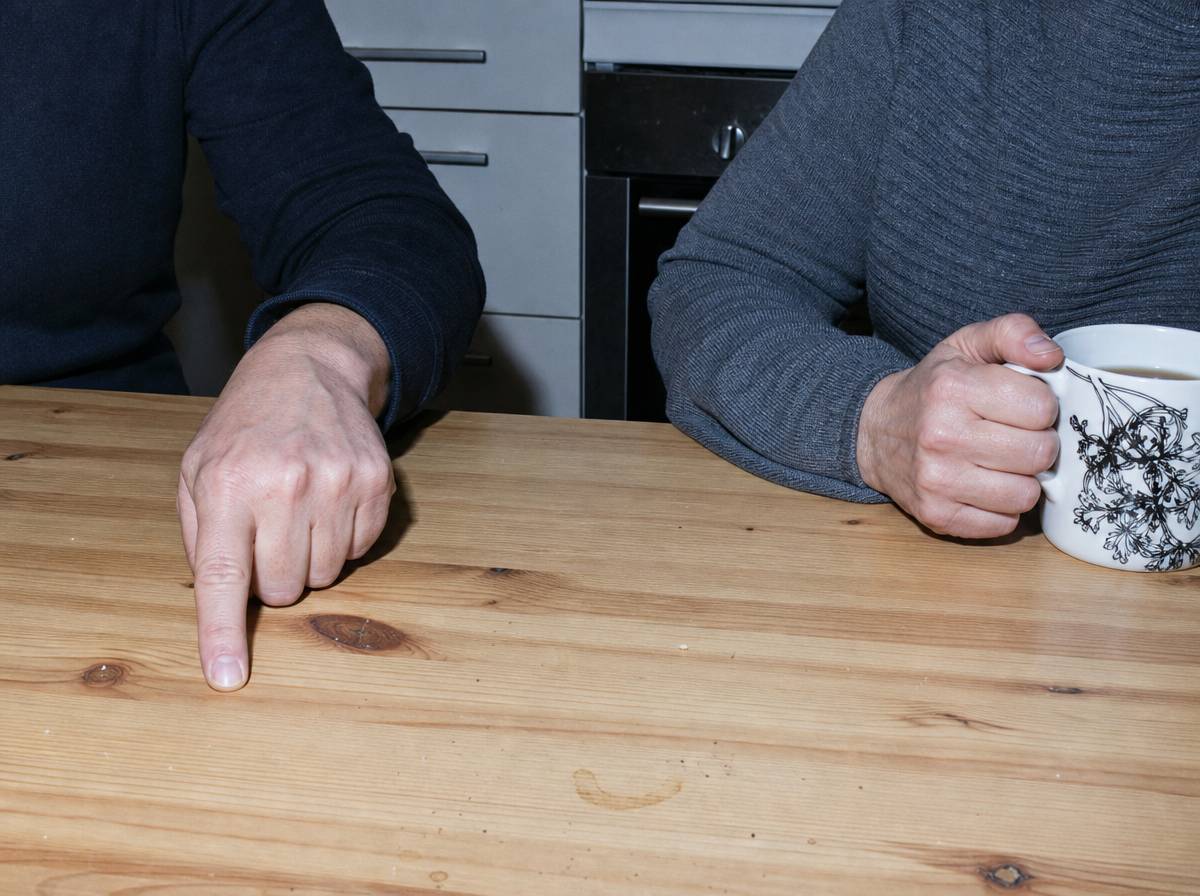 Dłonie dwóch osób przy kuchennym stole, jedna wskazuje palcem przez blat podczas napiętej rozmowy