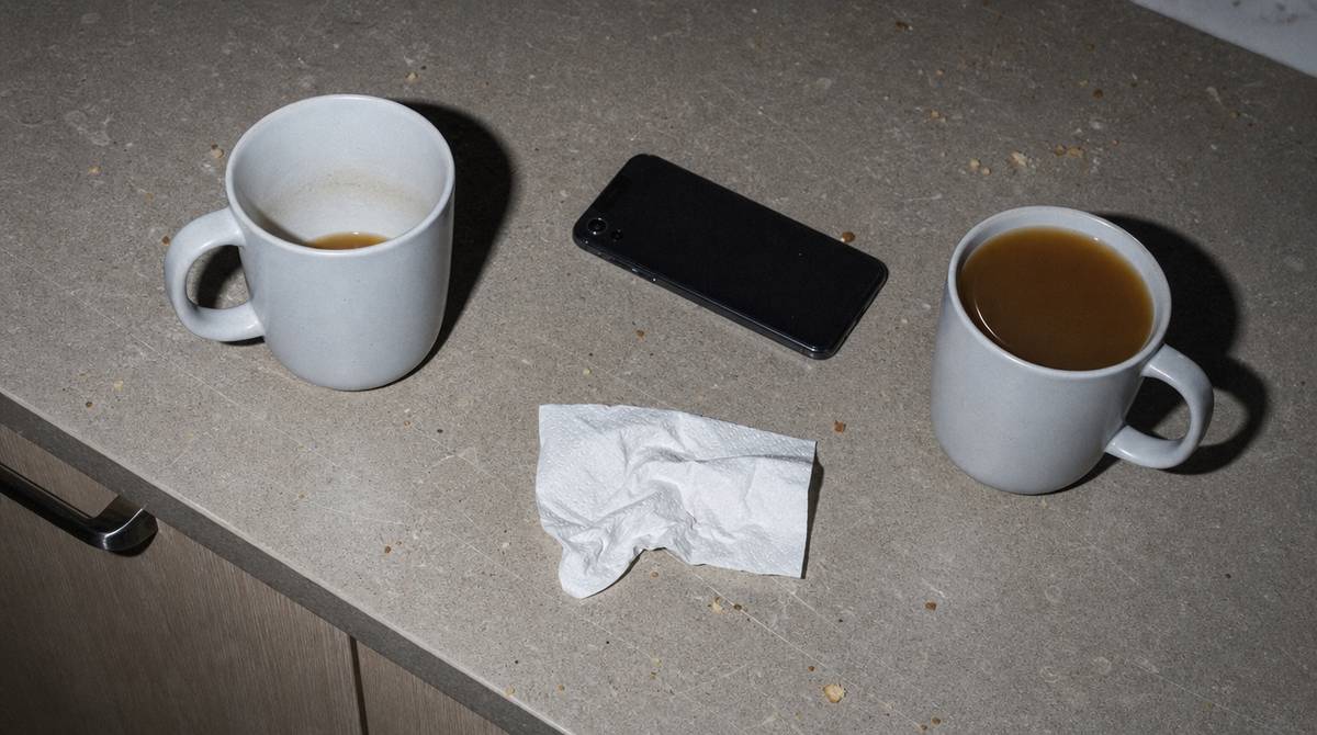Dwa kubki herbaty na kuchennym blacie, jeden nietknięty, obok telefon odwrócony ekranem w dół
