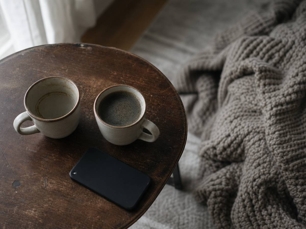Dwa kubki na stoliku, jeden nietknięty, obok telefon ekranem do blatu i koc