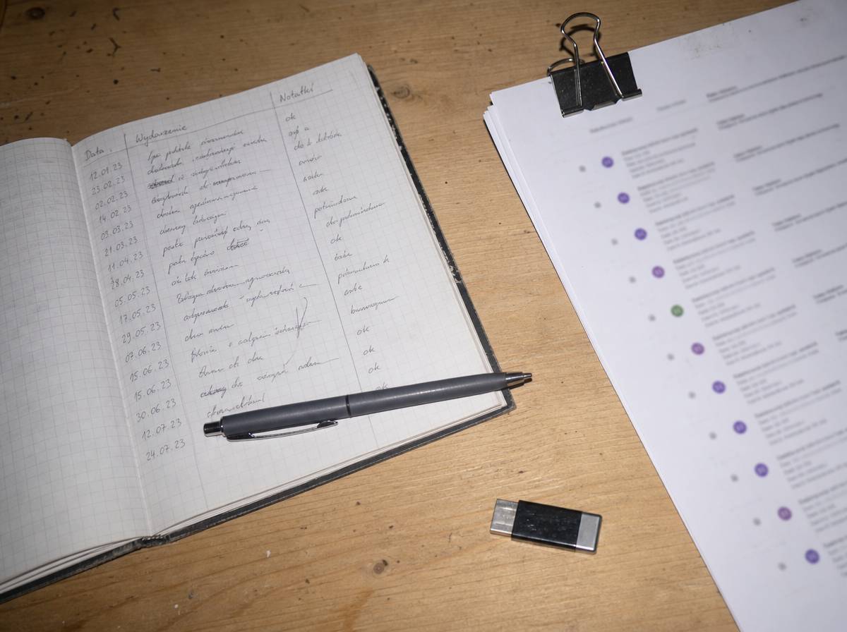 Notatnik z chronologią zdarzeń, wydruki wiadomości spięte klipsem i nośnik pamięci na drewnianym stole