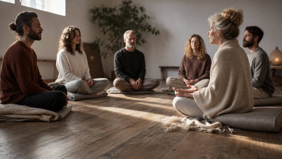 Grupa dorosłych siedzi w kręgu na poduszkach podczas zajęć mindfulness, prowadząca mówi półgłosem