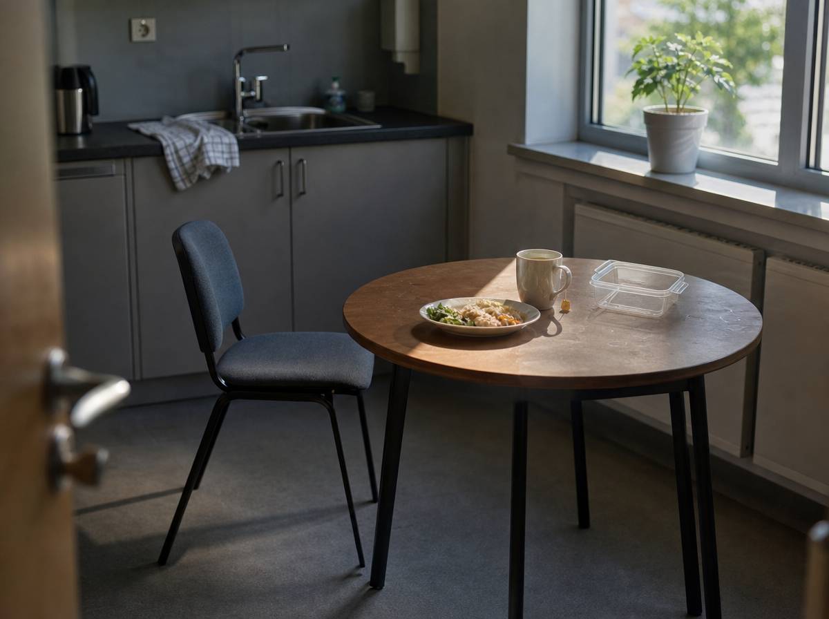 Lunch przełożony z pojemnika na talerz w pokoju socjalnym podczas krótkiej przerwy w pracy