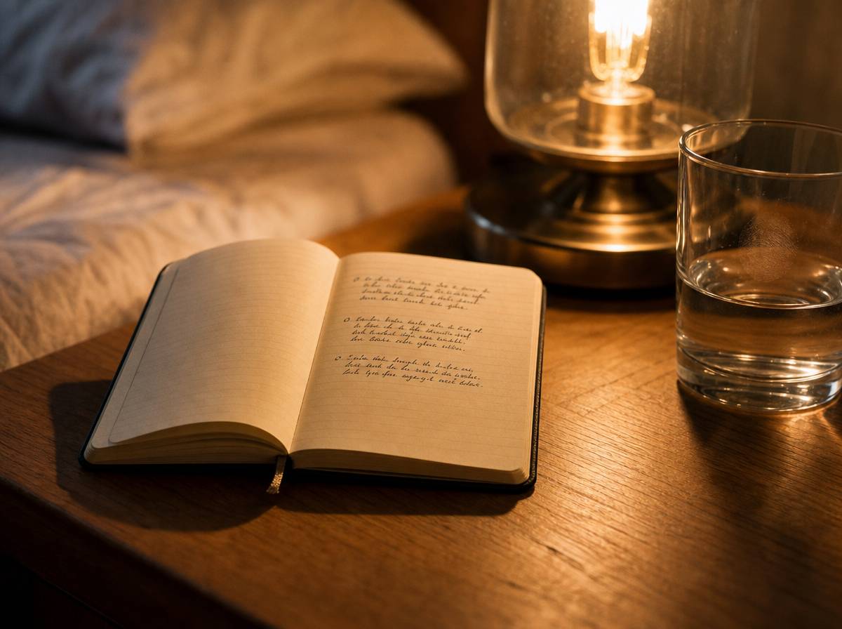 Notes z trzema wieczornymi wpisami na nocnym stoliku przy zapalonej lampce