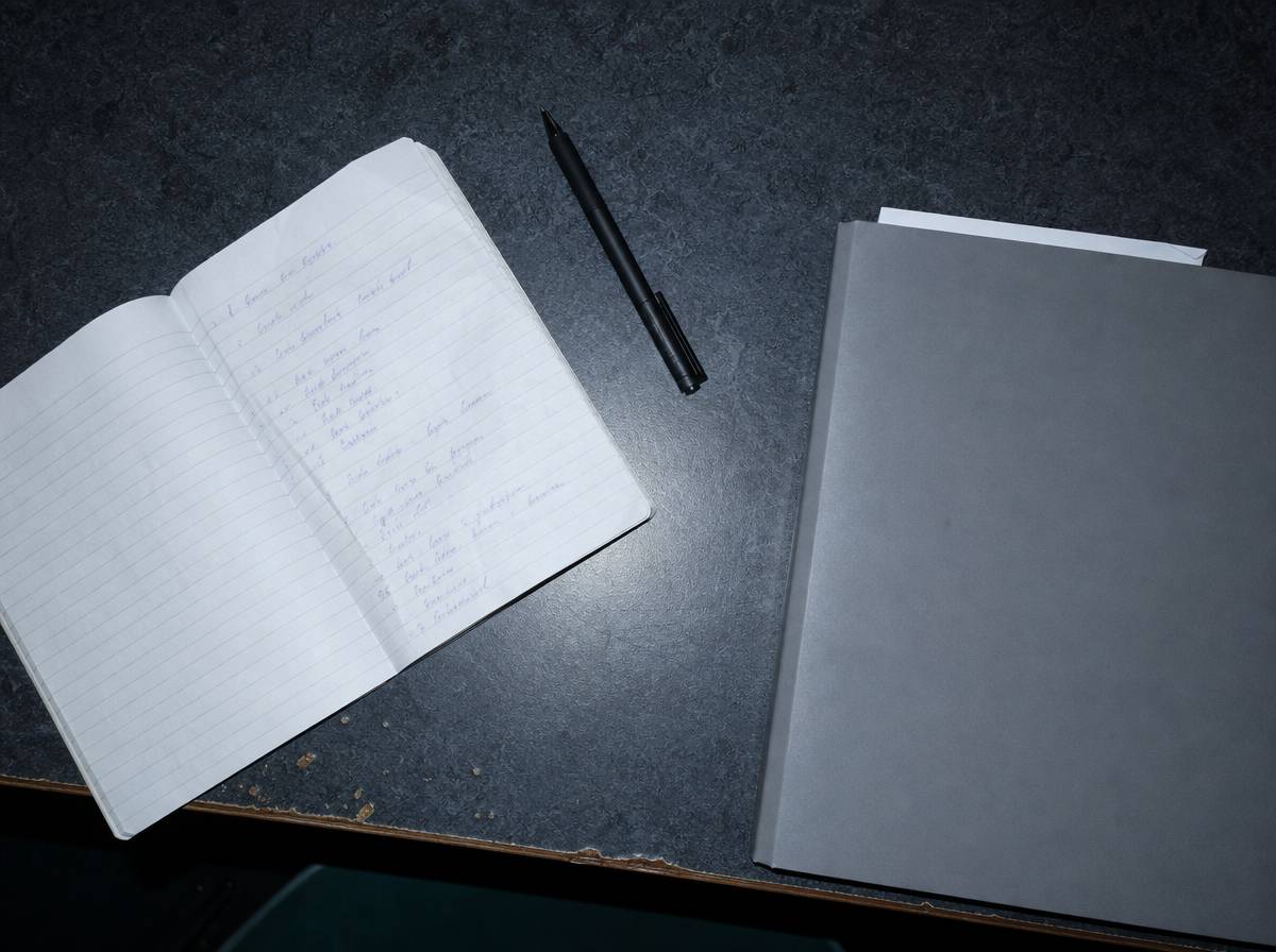 Notes z odręczną listą pytań i teczka z dokumentami przed zapisem na kurs uważności