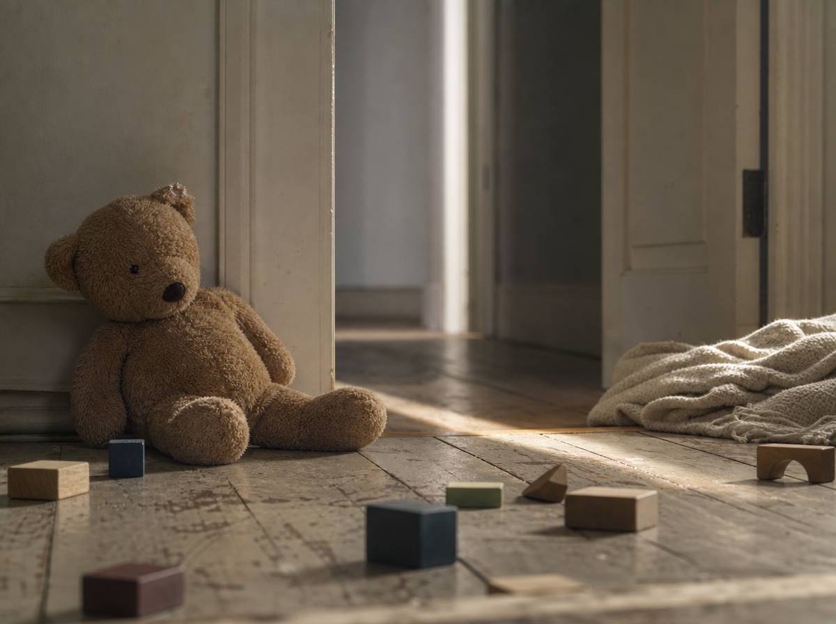 Porzucona pluszowa zabawka na progu i uchylone drzwi do pustego korytarza