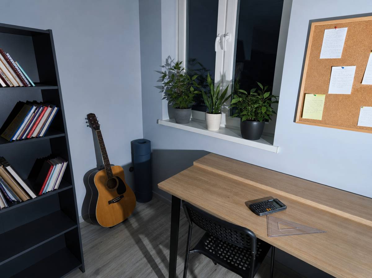 Pokój do nauki z książkami, gitarą, roślinami i matą — osiem różnych obszarów zainteresowań