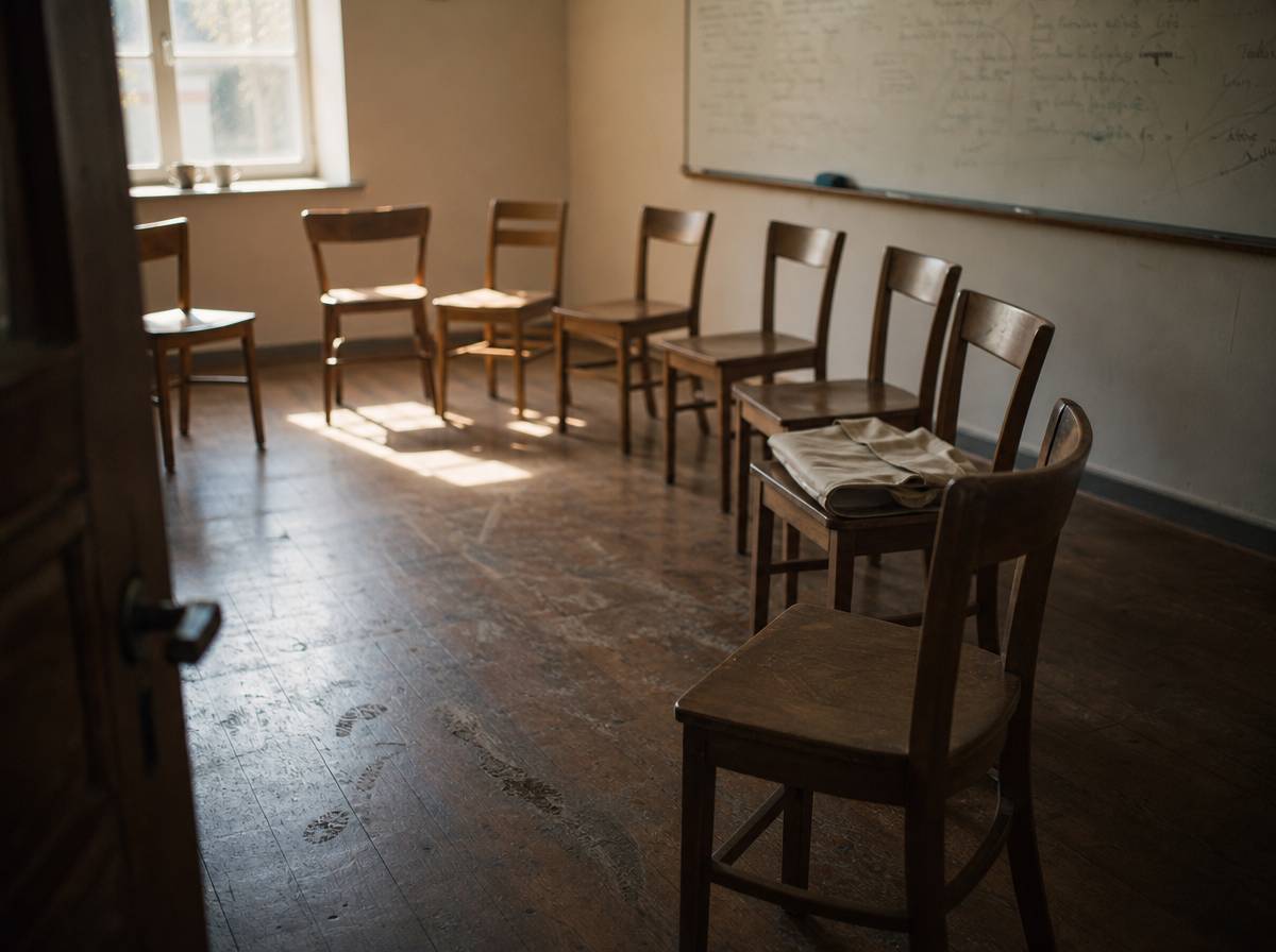 Pusta sala z krzesłami ustawionymi w półkolu przed cyklicznymi zajęciami dla dorosłych