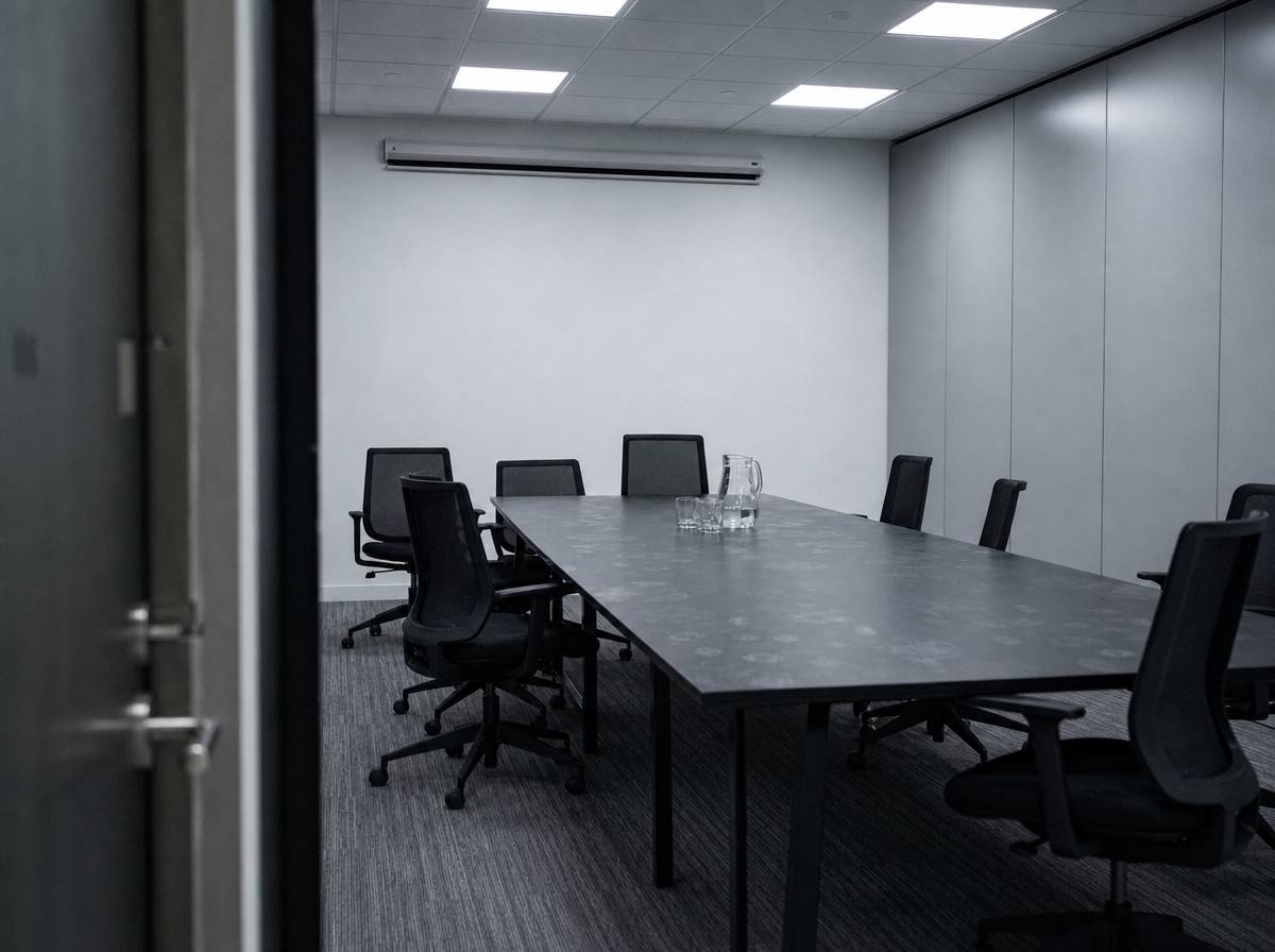Pusta sala zebrań z nierówno odsuniętymi krzesłami przed spotkaniem