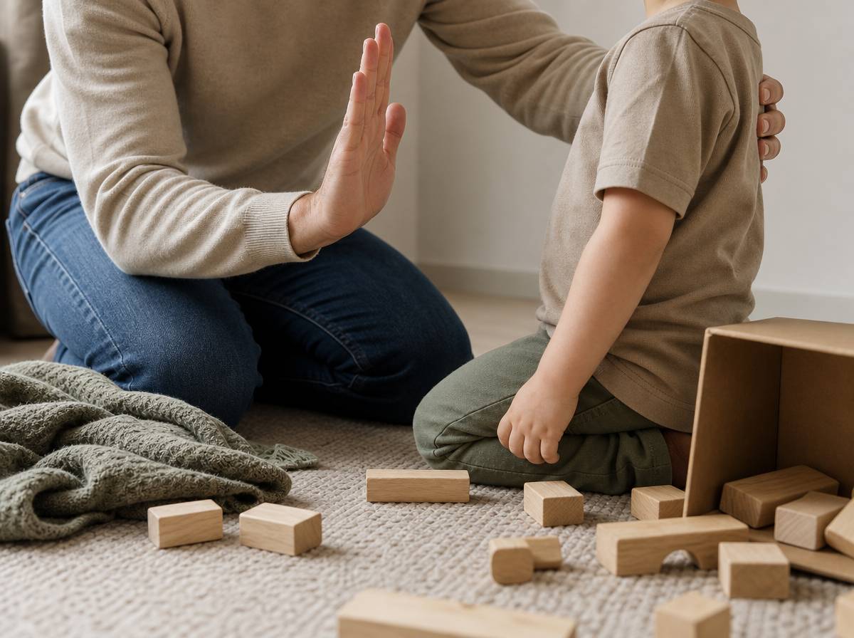 Dorosły kuca przy dziecku, dłoń na ramieniu, wokół rozsypane drewniane klocki na dywanie