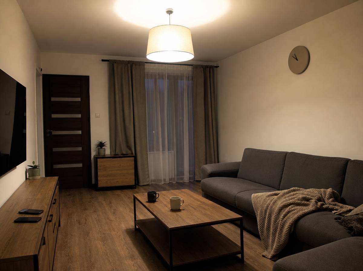 Pusty salon z dwoma kubkami na stoliku i telefonami odłożonymi ekranami w dół