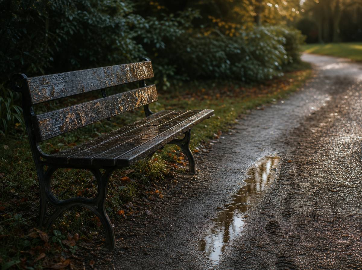 Pusta żwirowa ścieżka i mokra ławka w parku o poranku, codzienny spacer obniżający napięcie