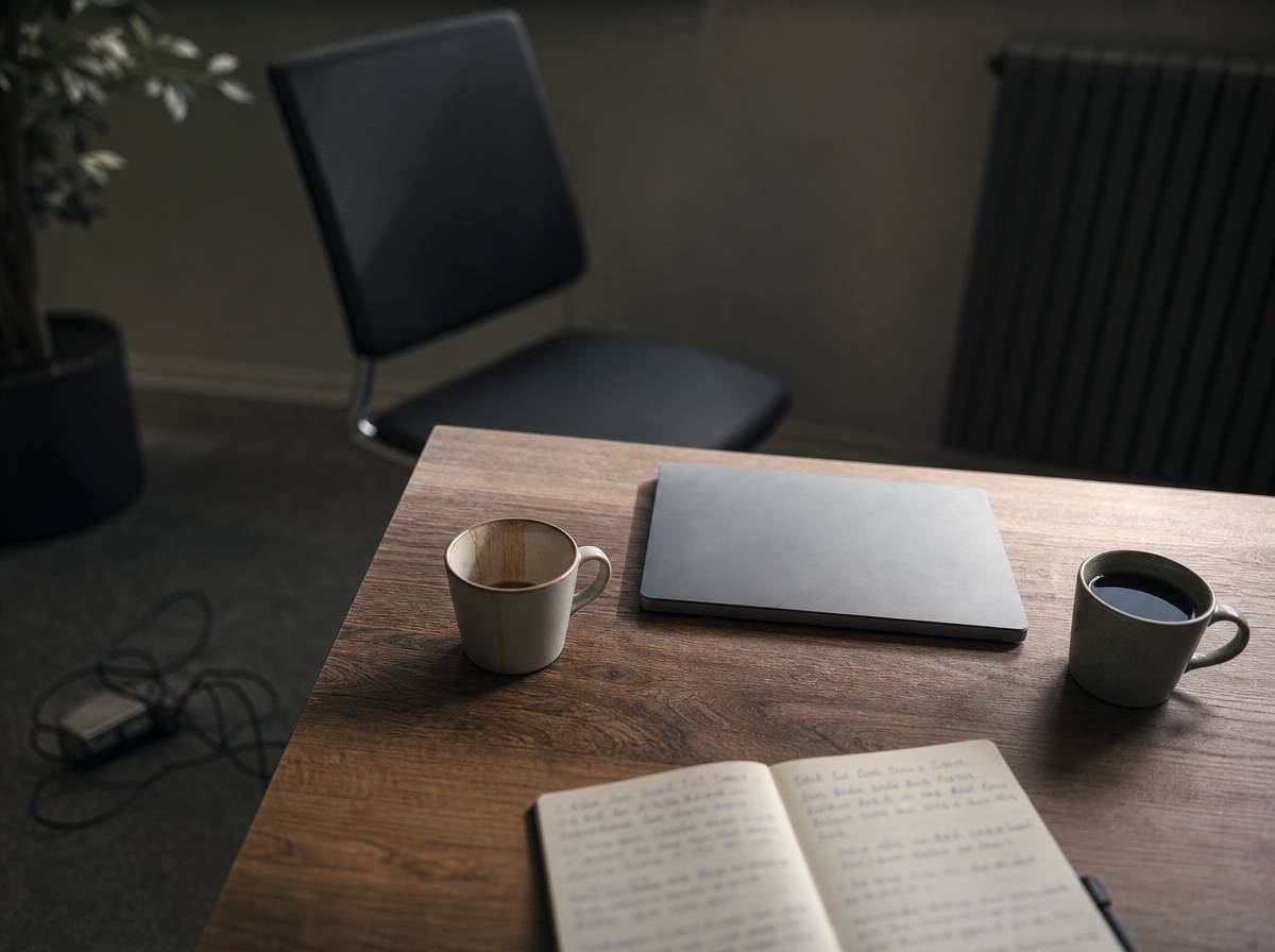 Stół po rozmowie w pracy: dwa kubki, zamknięty laptop i notes z zapiskami