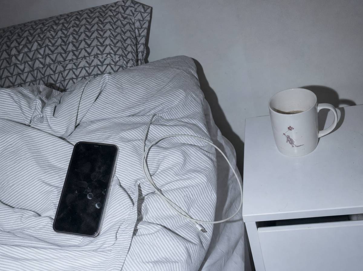 Telefon ekranem do góry na zmiętej pościeli obok kubka, kompulsywne czekanie na wiadomość przy zakochaniu