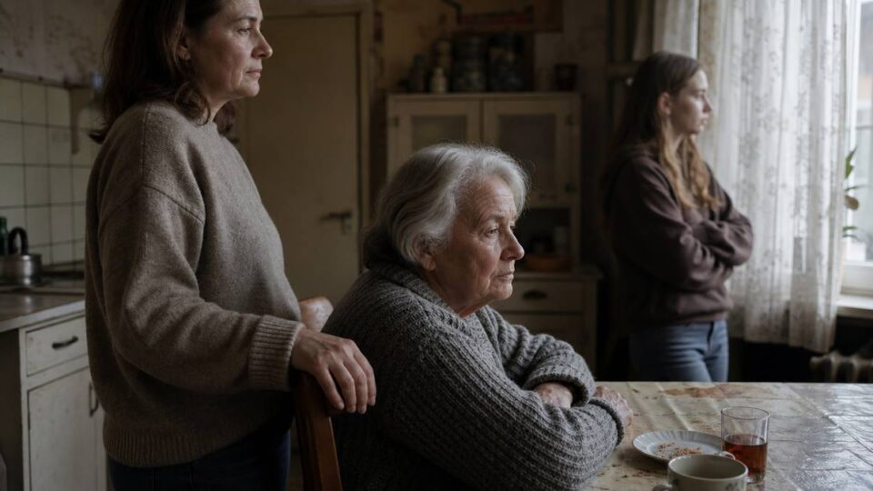 Babcia, córka i wnuczka w kuchni przy stole – trzy pokolenia jednej rodziny