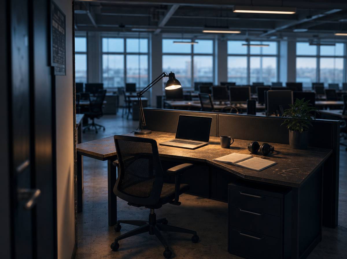 Biurko z lampą kierunkową i słuchawkami wygłuszającymi w cichym rogu open space