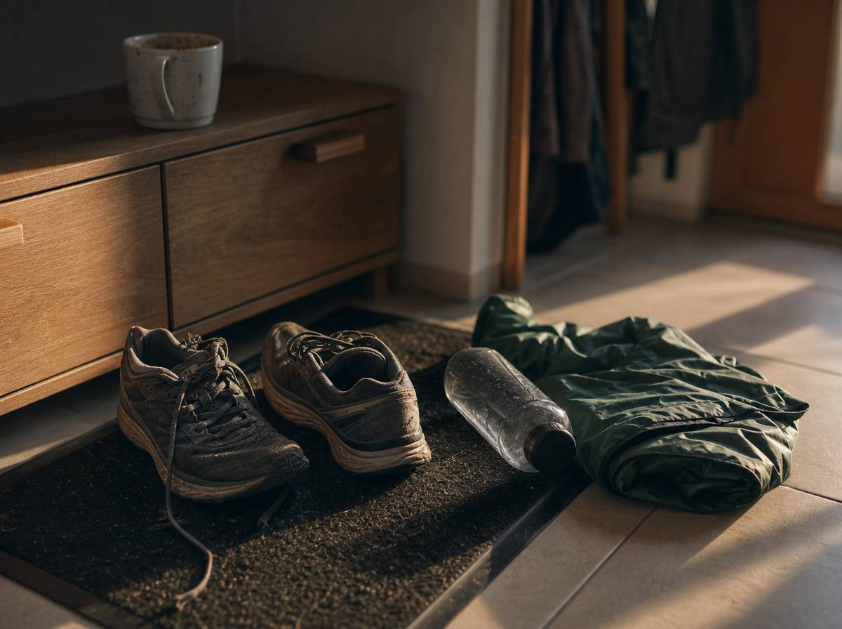 Buty do biegania, butelka wody i pusty kubek po kawie w przedpokoju jako codzienna rutyna obniżania napięcia