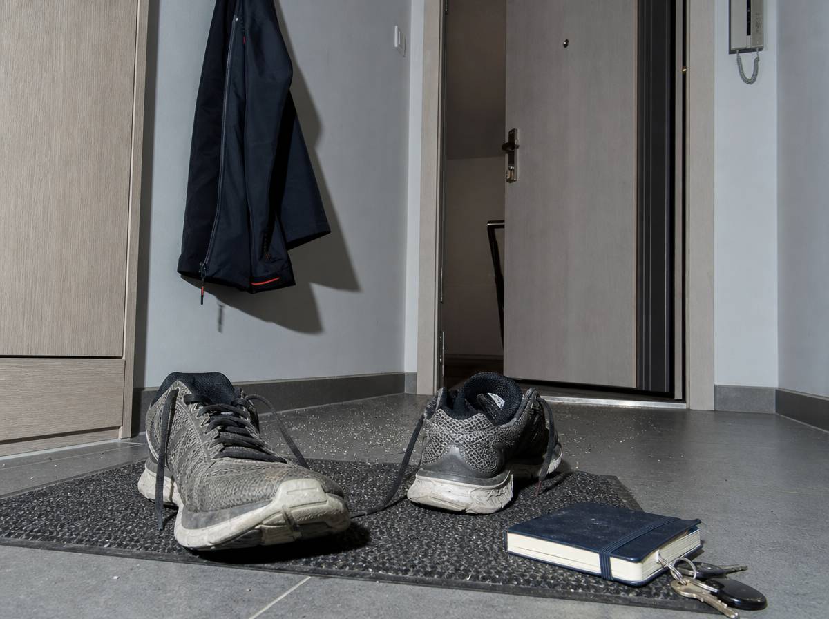 Buty do biegania, notes i klucze w przedpokoju jako codzienne bodźce wspierające pomysły