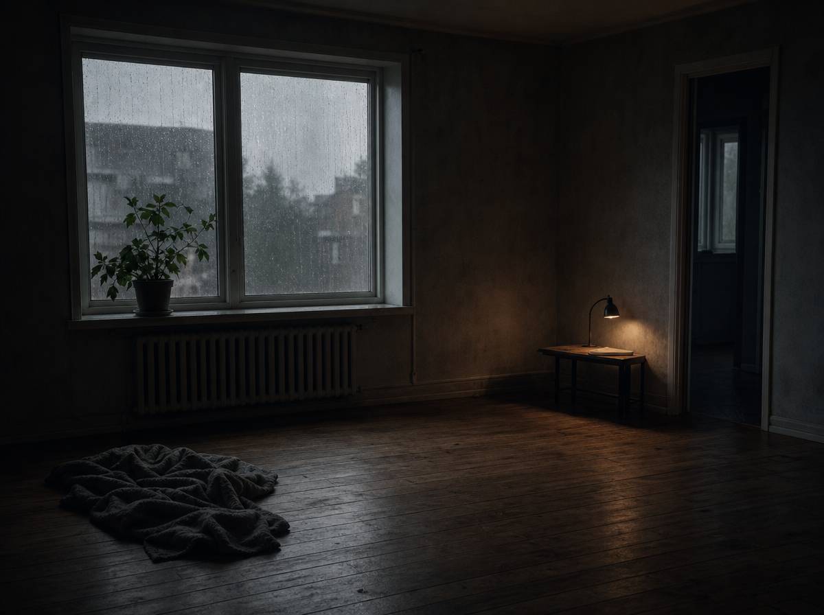 Ciemny pokój o jesiennym poranku, szare światło z okna i zapalona lampka