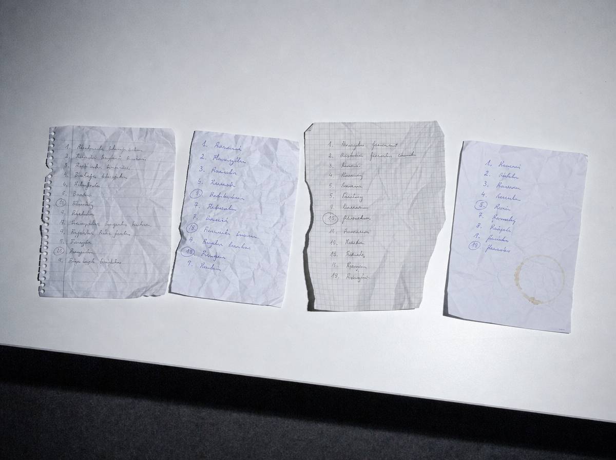 Cztery odręczne listy celów spisane w kolejnych tygodniach, rozłożone obok siebie na blacie