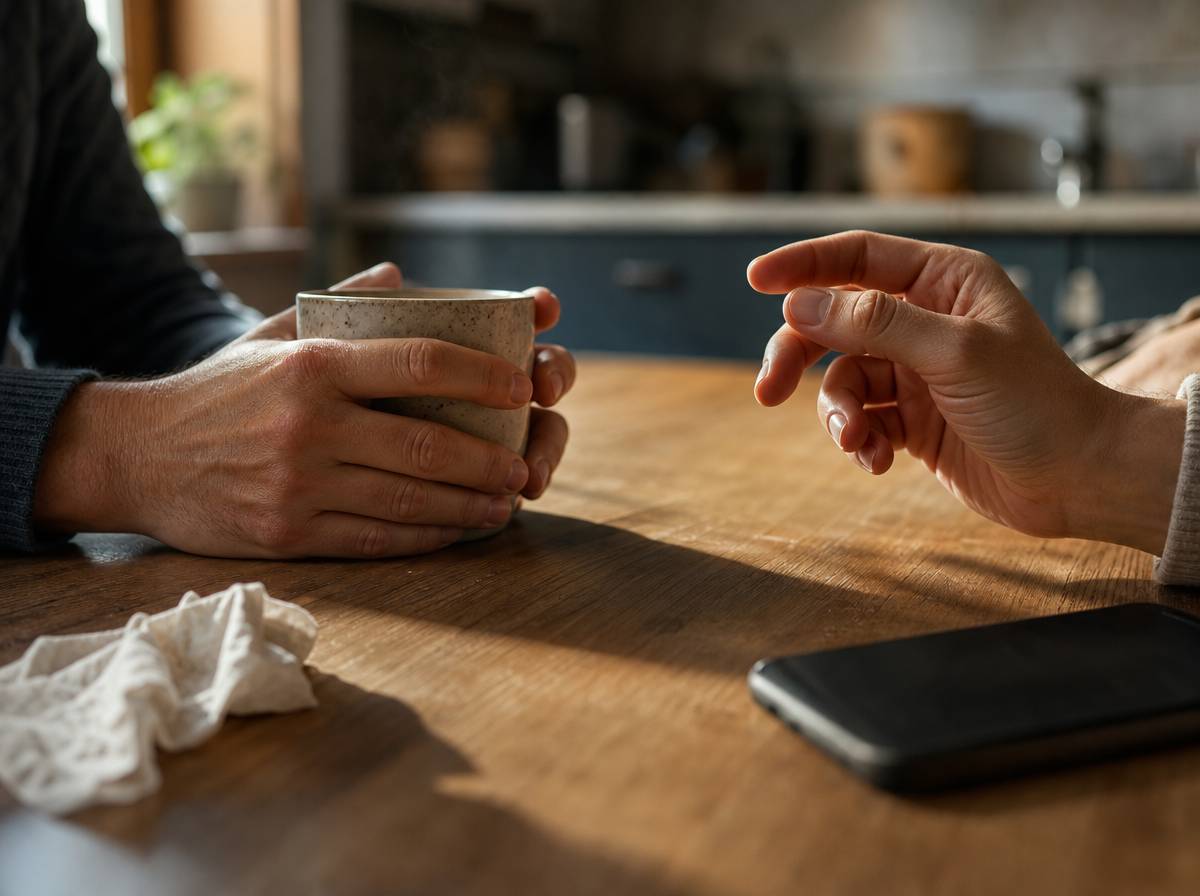 Dłonie dwóch osób przy kuchennym stole podczas rozmowy, jedna ręka na kubku, druga w geście