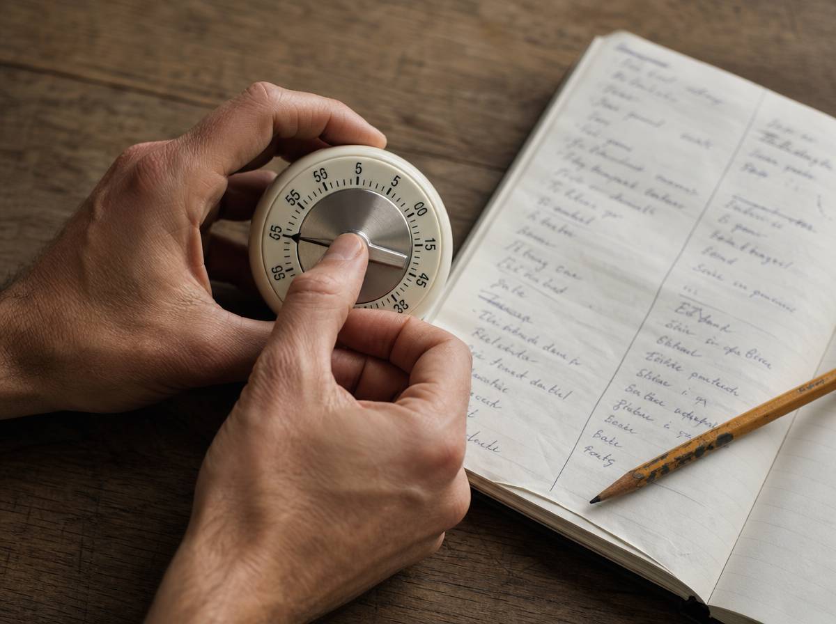 Dłonie nastawiają minutnik obok zeszytu z zapisem myśli — ćwiczenie pracy nad perfekcjonizmem