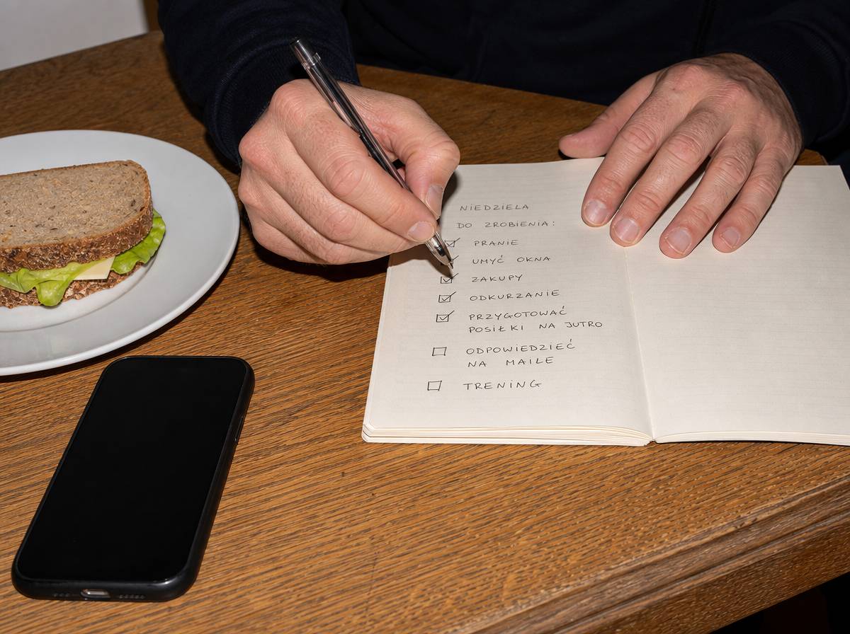 Dłonie odhaczające zadania na liście w notesie w dzień wolny, obok nietknięty talerz i odwrócony telefon