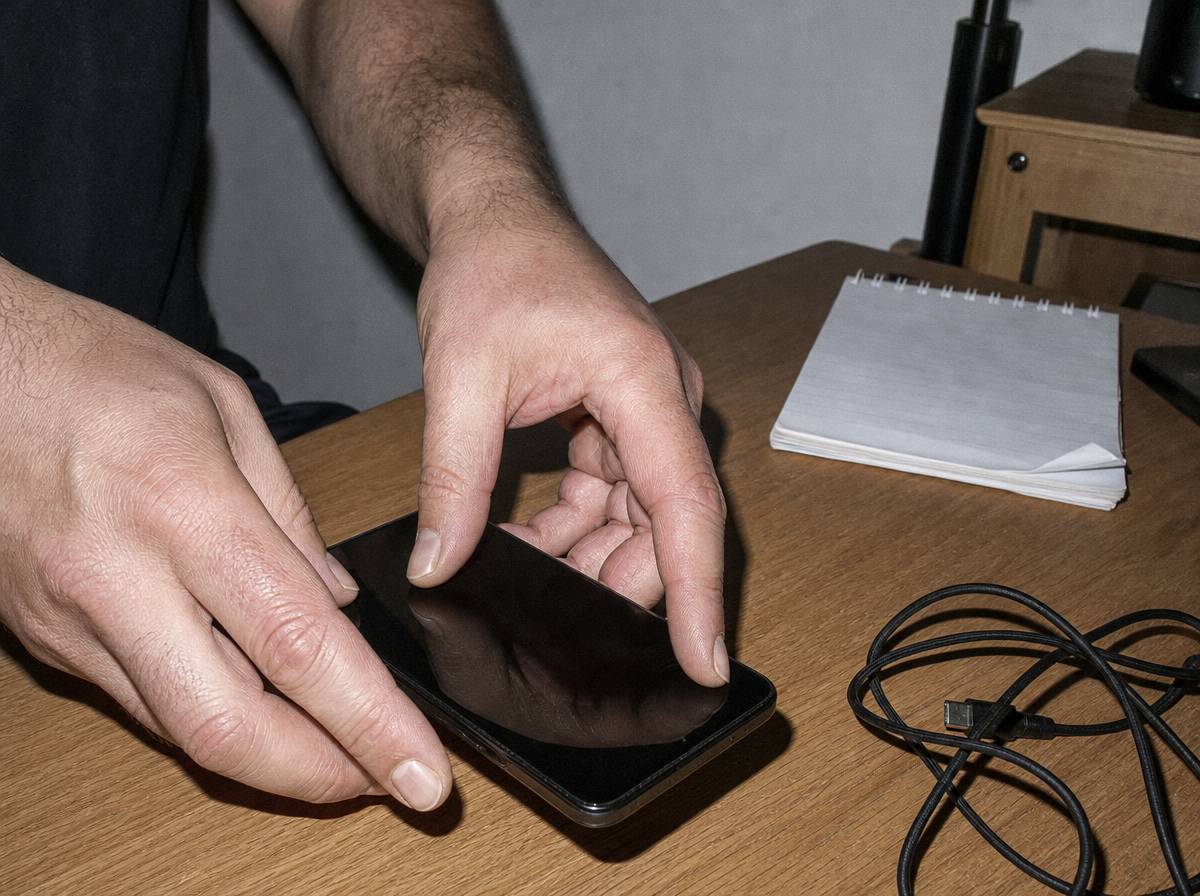 Dłonie dorosłego odkładają telefon ekranem do blatu obok notesu, gest pauzy przed odpowiedzią