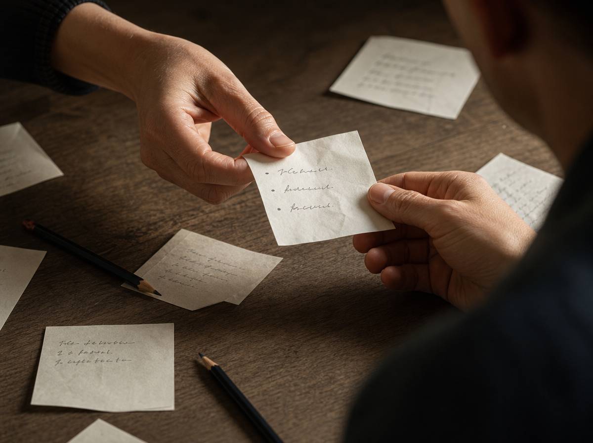 Dłonie przekazują kartkę z pomysłami podczas sesji brainwritingu metodą 635