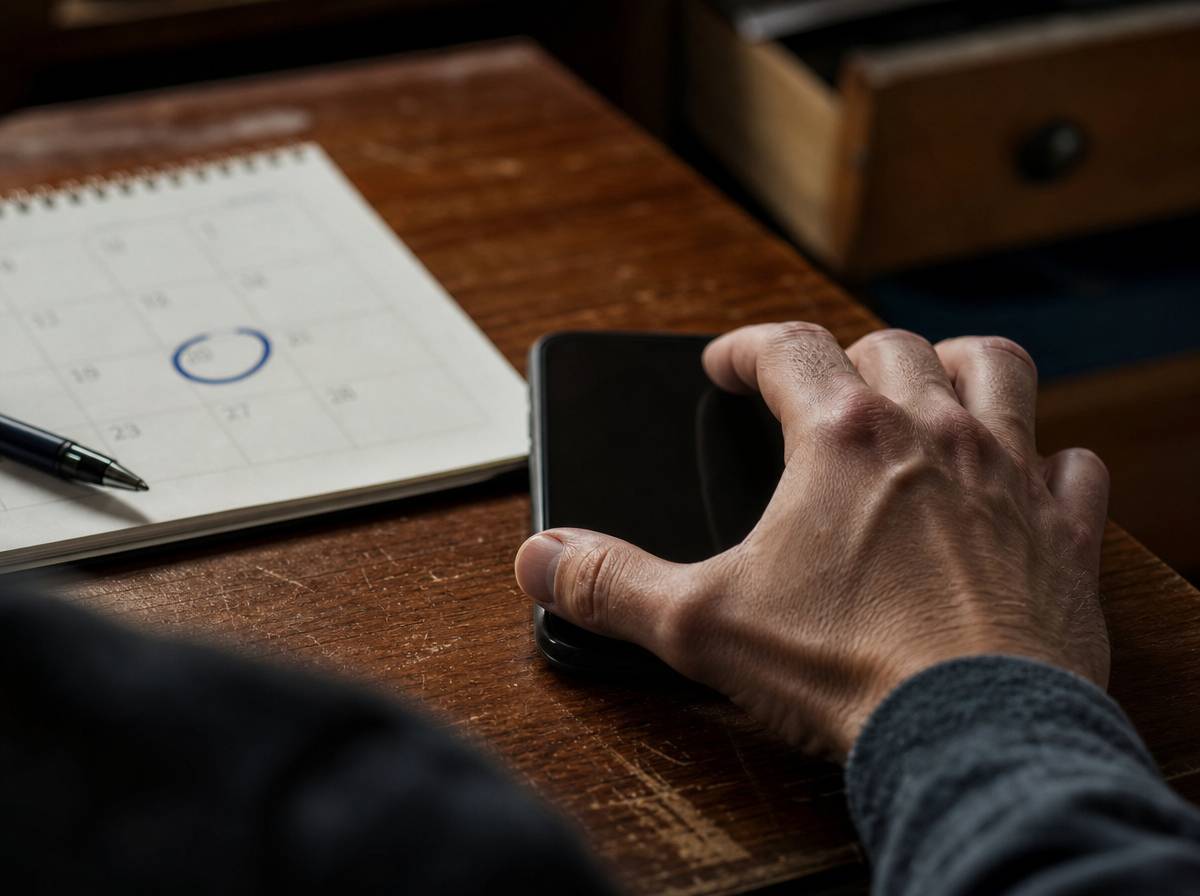 Dłonie odkładające telefon ekranem do blatu obok kalendarza z zakreślonym dniem, odroczenie decyzji