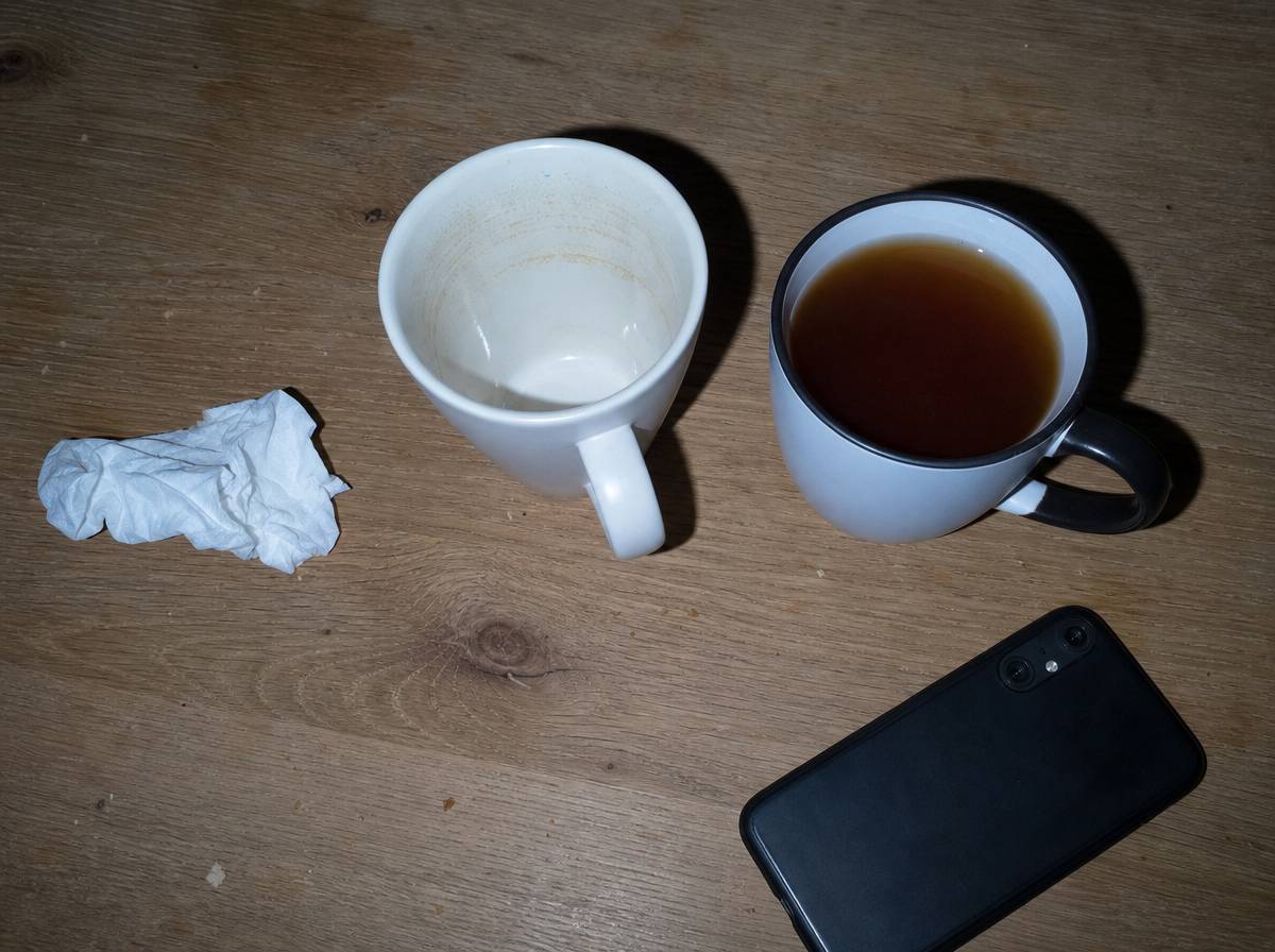 Dwa kubki na stole, jeden nietknięty, obok chusteczka i telefon ekranem do blatu