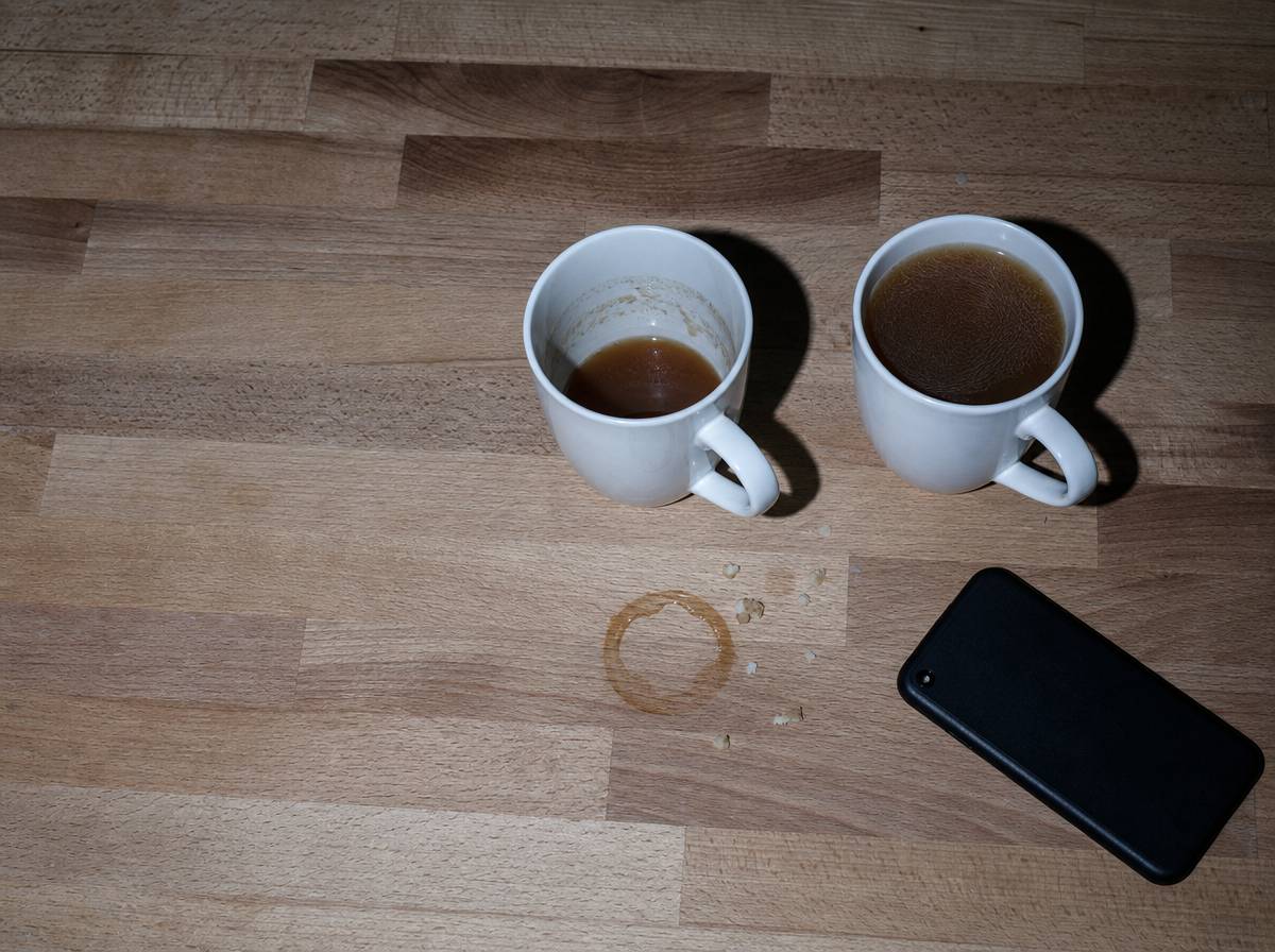 Dwa kubki na drewnianym blacie - jeden wypity, drugi nietknięty - i telefon odłożony ekranem do dołu