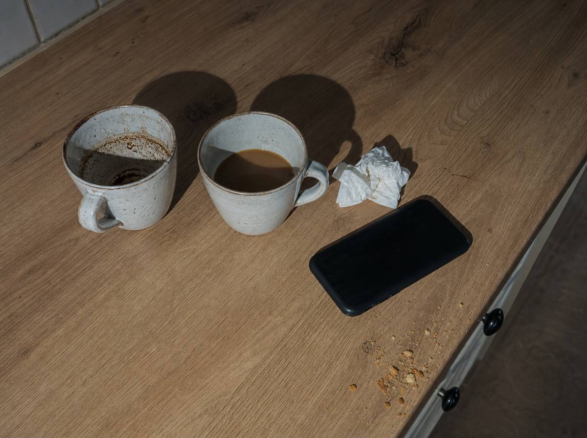 Dwa kubki po kawie i telefon ekranem do blatu na kuchennym stole po długiej rozmowie
