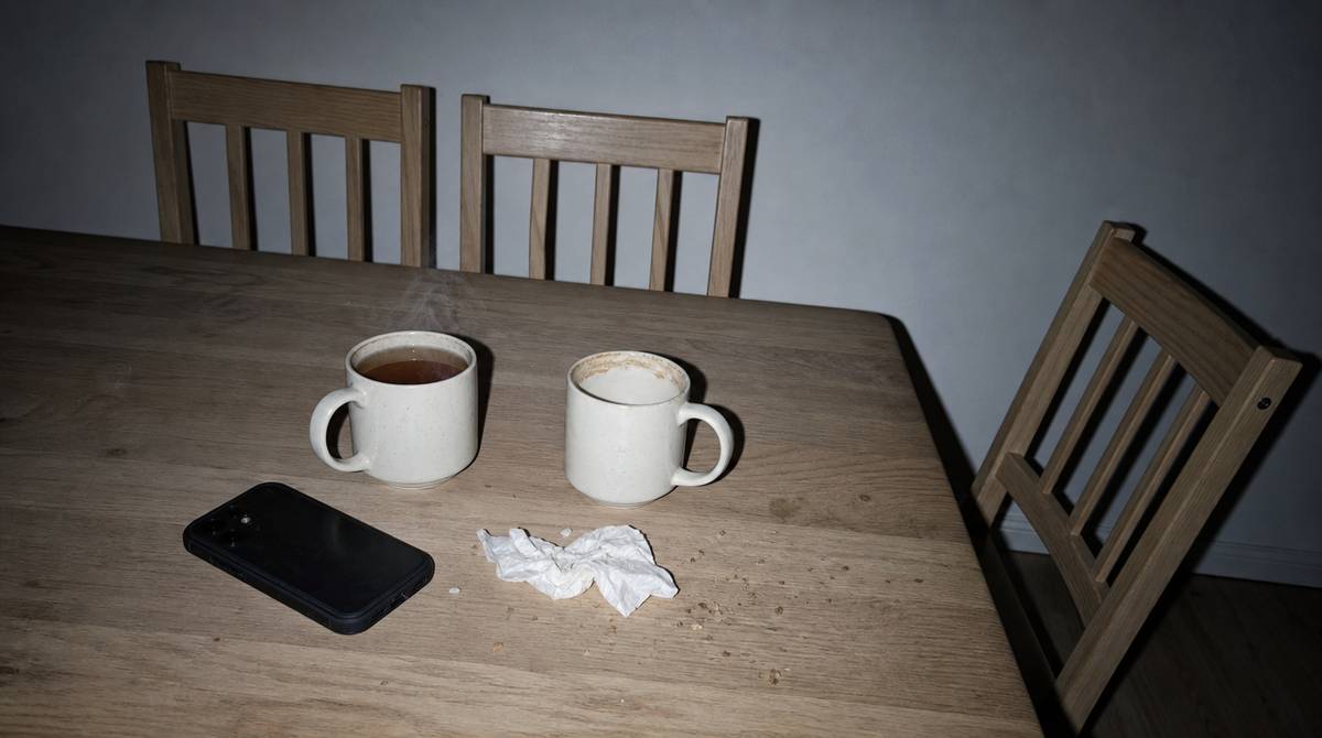 Dwa kubki na kuchennym stole i telefon odłożony ekranem w dół — ślad po rozmowie w związku