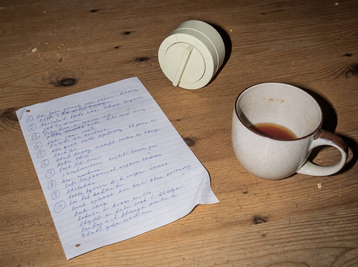 Kartka z listą pomysłów i timer kuchenny ustawiony na pięć minut na drewnianym blacie