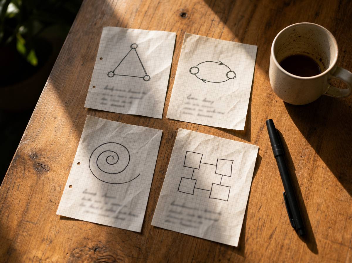 Cztery odręczne diagramy na kartkach ilustrujące różne nurty psychoterapii