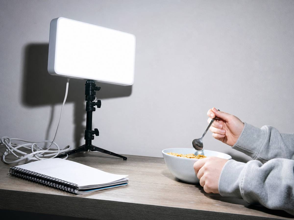 Lampa antydepresyjna 10 000 luksów na biurku podczas porannej sesji przy śniadaniu