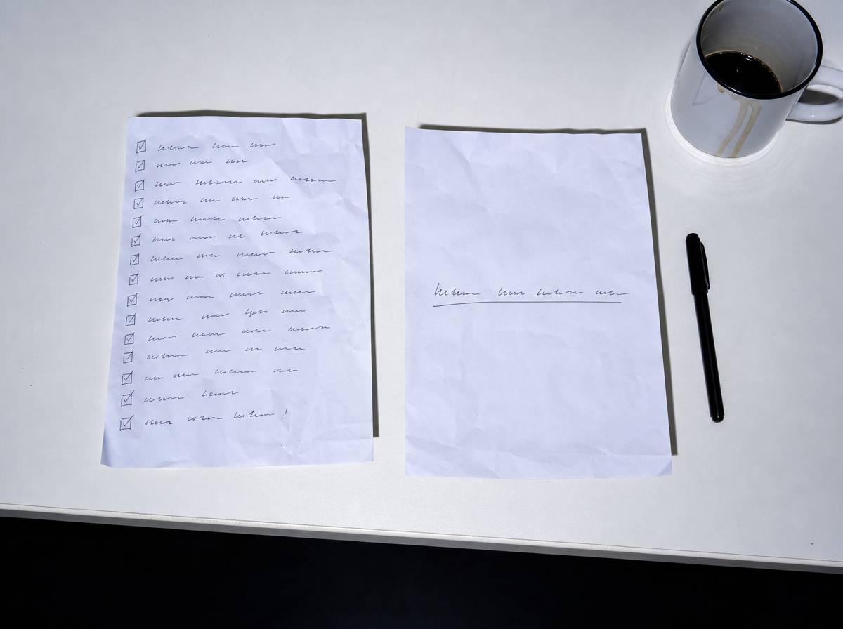 Lista zadań z odhaczonymi punktami obok kartki z jednym podkreślonym zdaniem