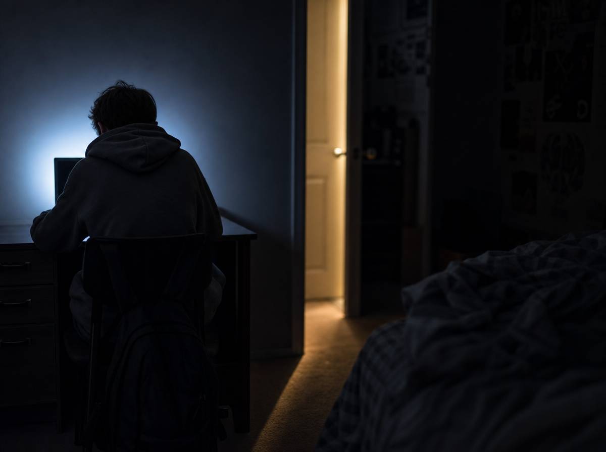 Nastolatek nocą przy biurku, w tle uchylone drzwi i światło z korytarza