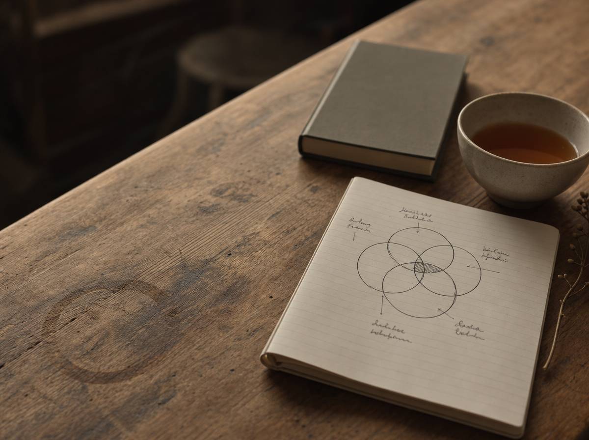 Notes z czterema nachodzącymi okręgami jako schemat ikigai i czarka herbaty