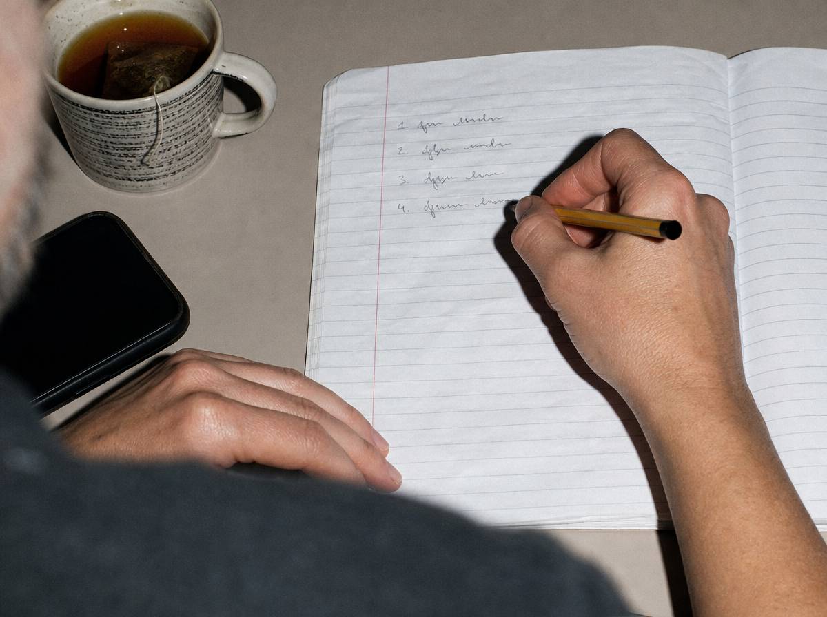 Dłonie zapisujące krótką listę w zeszycie — ćwiczenie wzmacniające prężność psychiczną