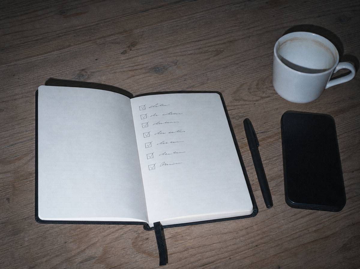 Notes z odręczną listą zadań i odhaczonymi kwadracikami, obok długopis i telefon ekranem do blatu