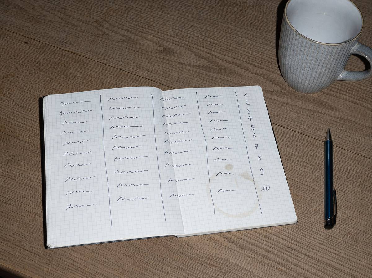 Notes z odręczną tabelą przeczuć i oceną pewności w skali od 1 do 10 leżący na kuchennym stole