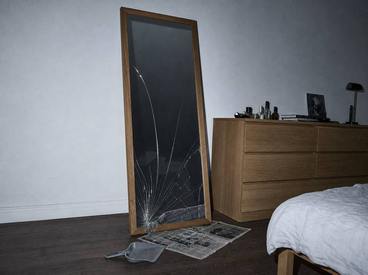 Stłuczone lustro w drewnianej ramie oparte o ścianę, odłamki zgarnięte na gazetę i szufelka