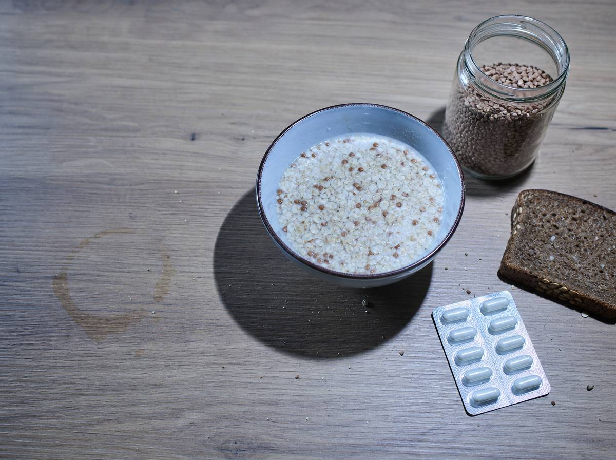 Płatki owsiane, kasza i kapsułki witaminy D na kuchennym blacie jesienią