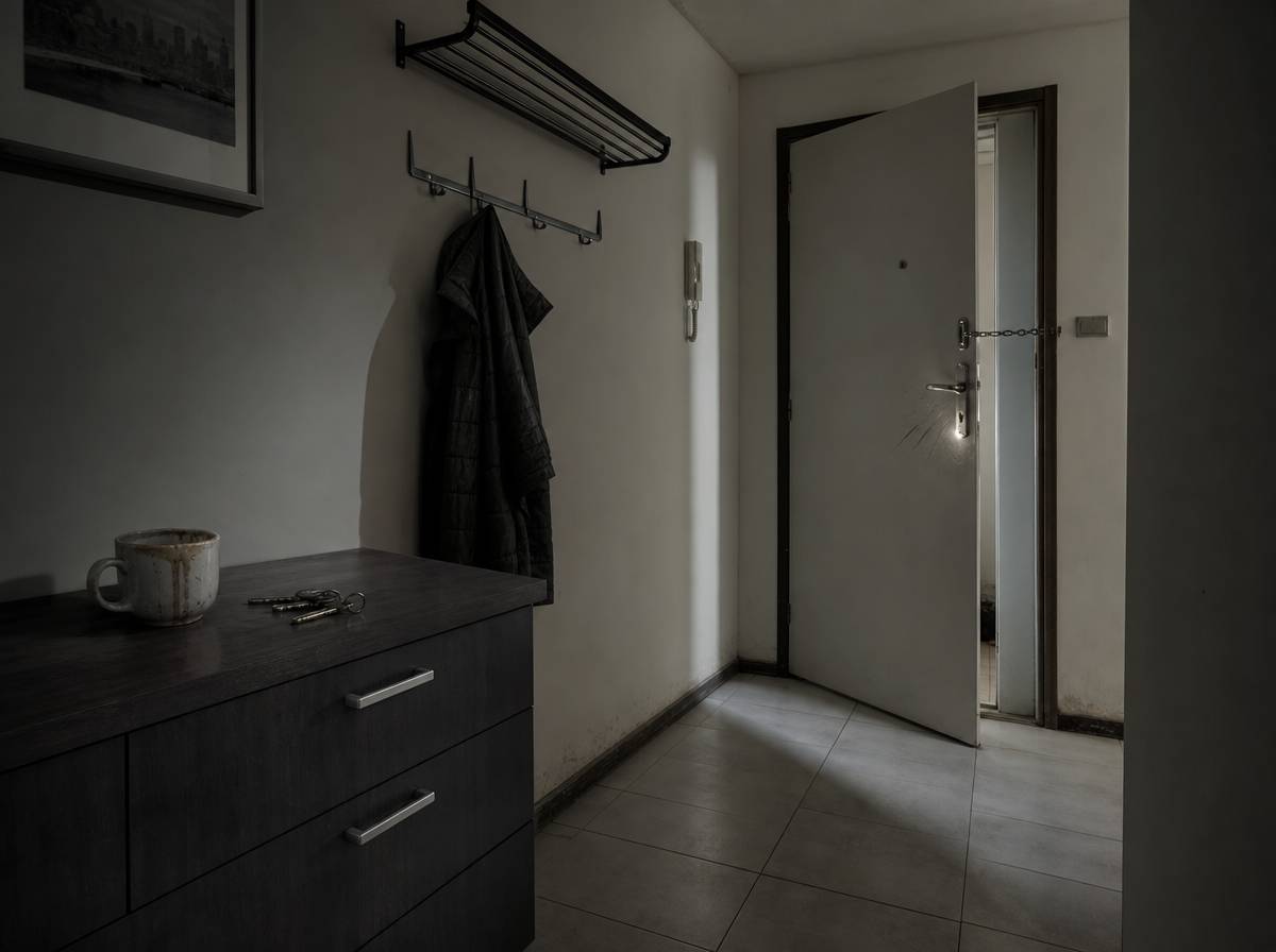 Pusty przedpokój z kluczami na komodzie i jedną kurtką na wieszaku, drzwi uchylone na łańcuch