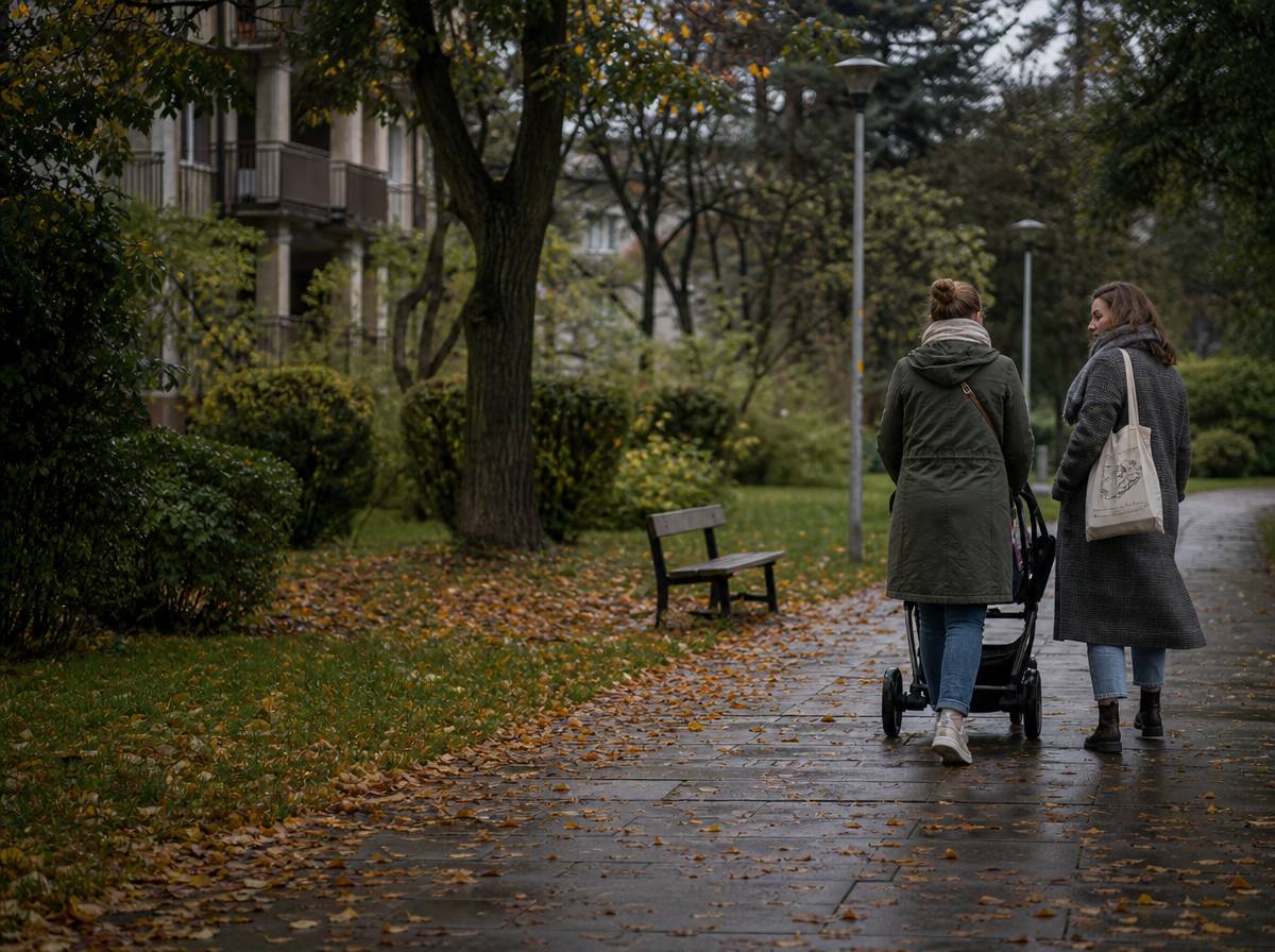 Dwie przyjaciółki na spacerze z wózkiem, widok zza pleców, jesienny park